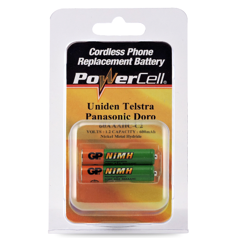 Powercell  1.2V 600mAh NiMH  AAA Battery  - Card of  2 suits Telstra V1600 CCT, Doro, Uniden etc.