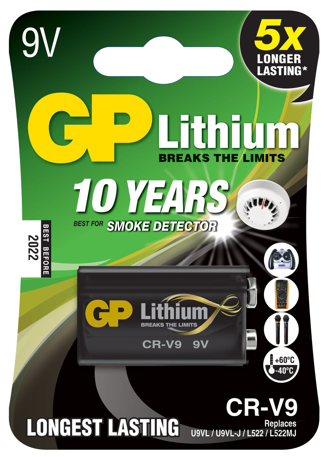 GP 9.0V 1100mAh 9V Lithium  Battery  - Card of  1